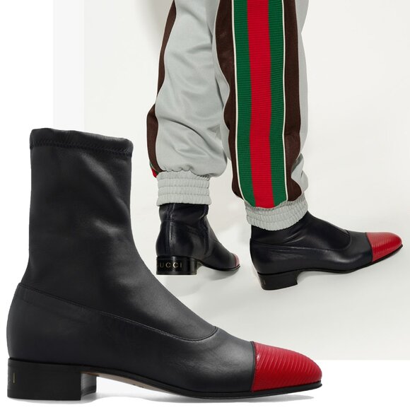 GUCCI MENS BOOTS DARK BLUE LEATHER RED LIZARD TOE ANKLE BOOTIES sz 11 11.5 - Picture 1 of 16